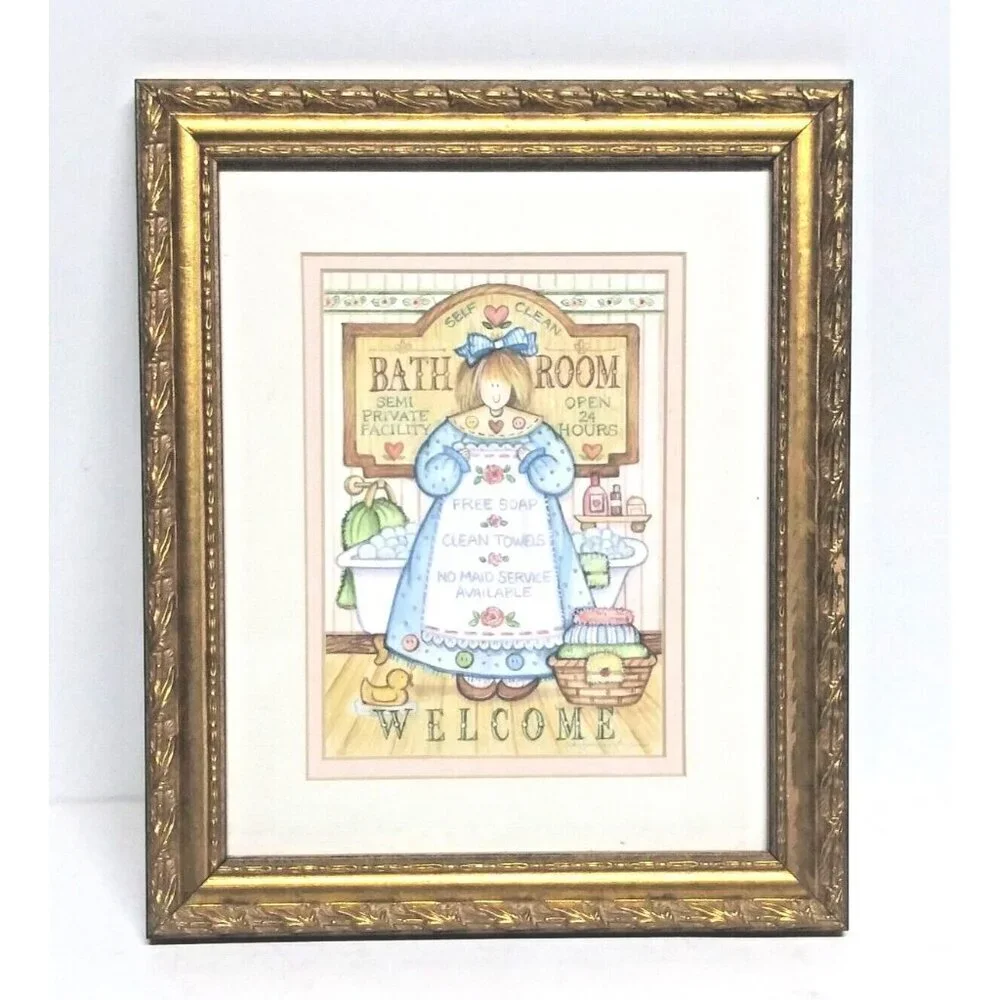Debra Jordan Bryan Bathroom Angel Framed Matted Print gold ornate frame 11.75 in